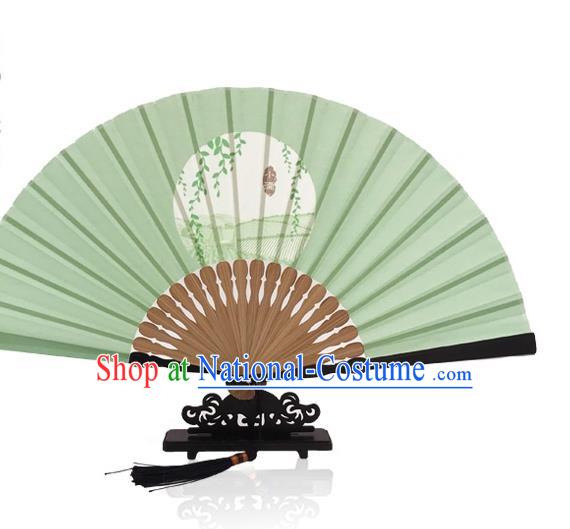 Handmade Grain Full Accordion Chinese Printing Twenty Four Solar Terms Folding Fan Light Green Silk Fan