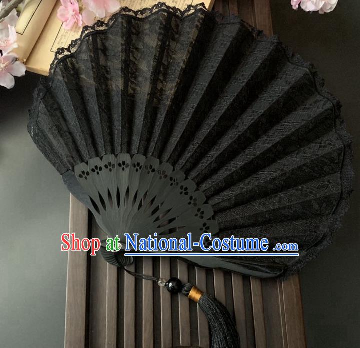 Japan Handmade Bamboo Fan Classical Dance Black Lace Accordion Scallop Folding Fan