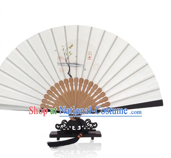 Handmade Slight Heat Accordion Chinese Printing Twenty Four Solar Terms Folding Fan White Silk Fan