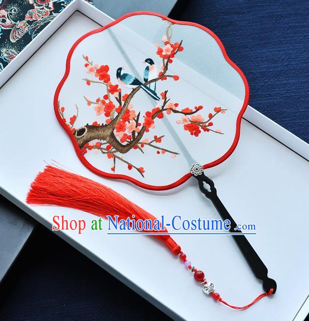 China Classical Dance Fan Traditional Embroidered Red Plum Blossom Palace Fan Handmade Silk Fan