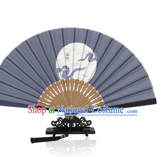 Chinese Navy Silk Fan Printing Twenty Four Solar Terms Folding Fan Handmade Frost Descent Accordion