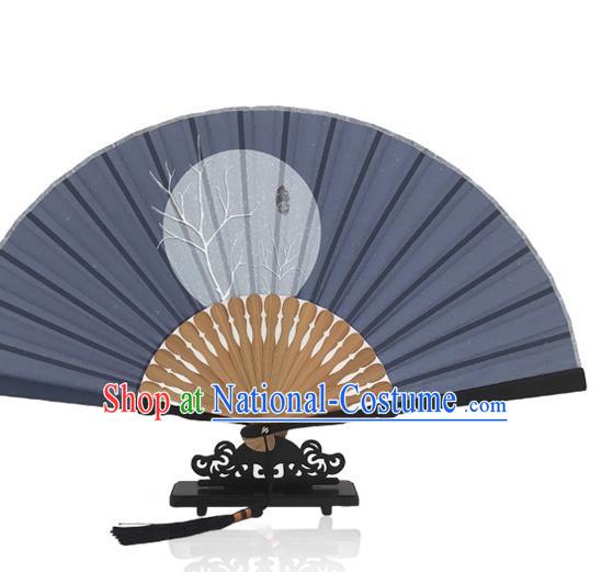 Chinese Printing Twenty Four Solar Terms Folding Fan Navy Silk Fan Handmade Slight Snow Accordion