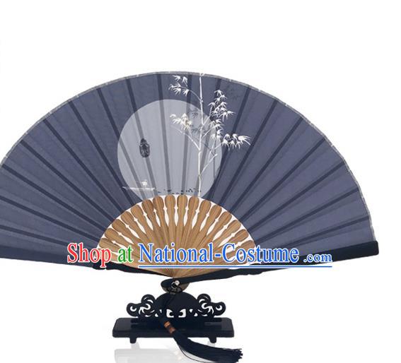 Chinese Bamboo Navy Silk Fan Handmade Great Cold Accordion Printing Twenty Four Solar Terms Folding Fan