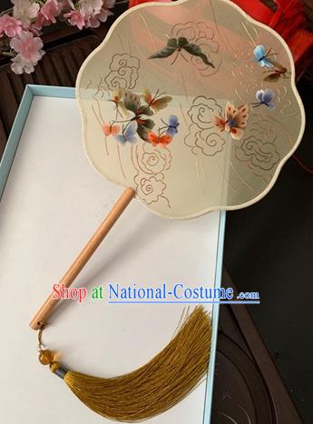 China Handmade Fan Classical Dance Apricot Silk Fan Traditional Double Side Embroidered Butterfly Palace Fan