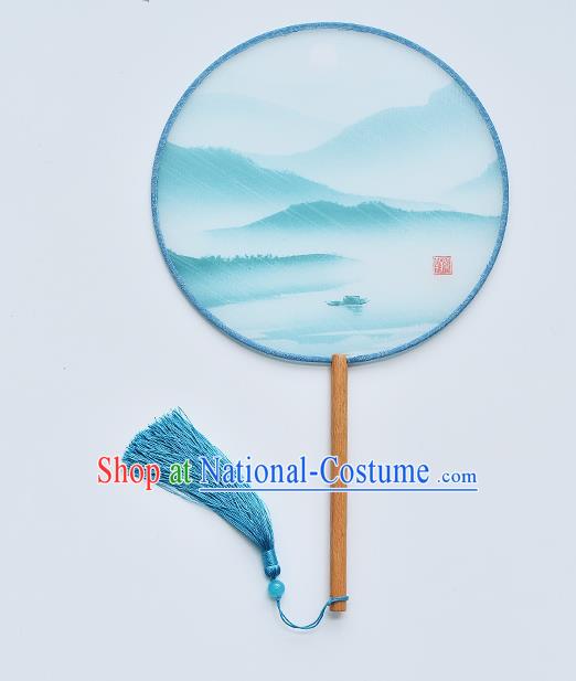 China Classical Dance Blue Silk Fan Traditional Printing Palace Fan Handmade Beech Fan