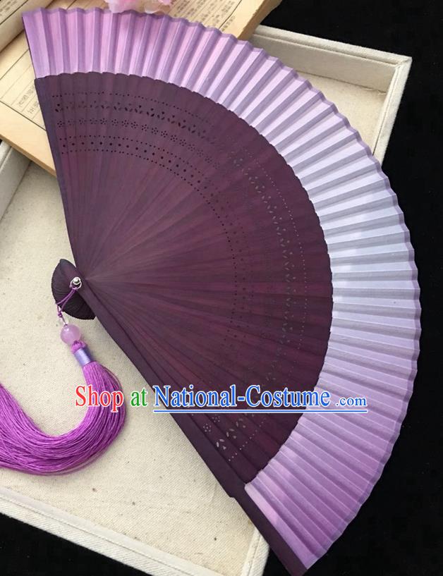 Chinese Classical Silk Folding Fan Purple Bamboo Fan Handmade Accordion