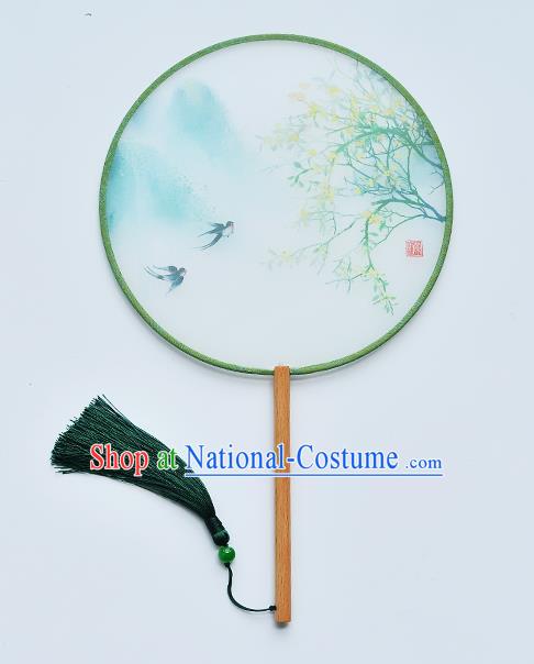 China Handmade Beech Fan Classical Dance Light Green Silk Fan Traditional Printing Swallow Palace Fan