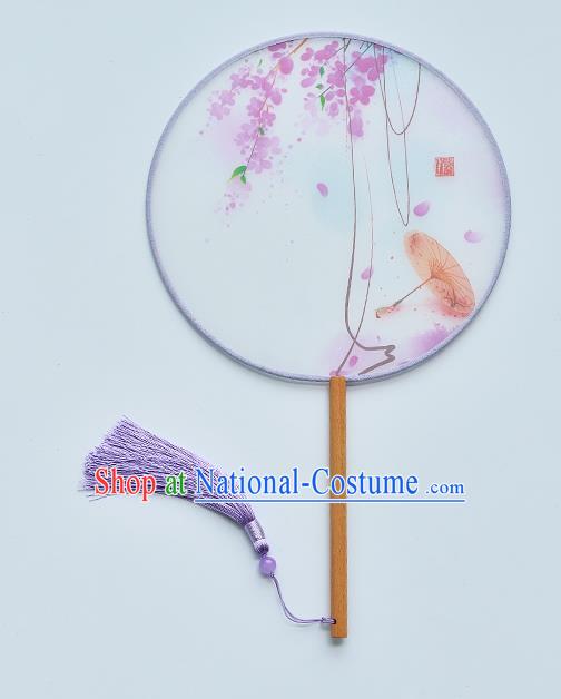 China Traditional Printing Purple Flowers Palace Fan Handmade Beech Fan Classical Dance Silk Fan