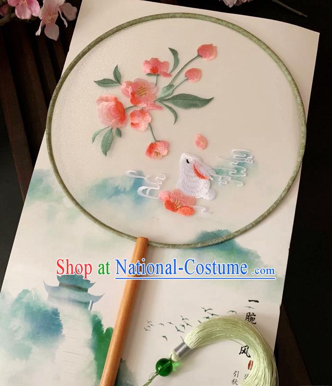 China Traditional Embroidered Rabbit Flowers Palace Fan Handmade Silk Fan Classical Dance Circular Fan