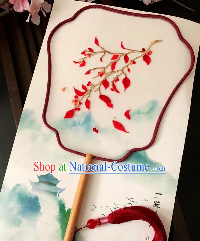 China Traditional Embroidered Red Leaf Palace Fan Handmade Silk Fan Classical Dance Palm Leaf Fan