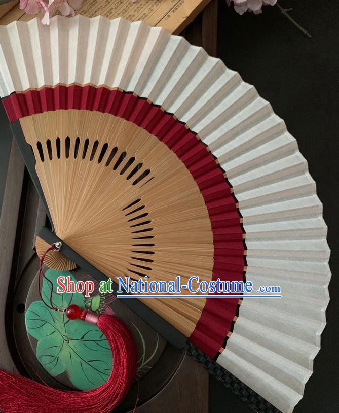 Chinese Bamboo Fan Classical Red Flax Folding Fan Handmade Dance Accordion