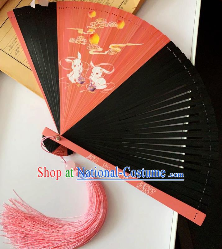 Chinese Handmade Printing Moon Rabbit Accordion Classical Folding Fan Red Bamboo Fan