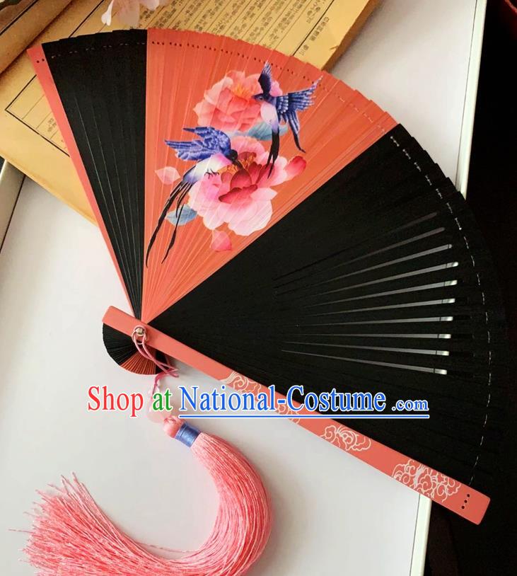 Chinese Classical Folding Fan Red Bamboo Fan Handmade Printing Peony Birds Accordion