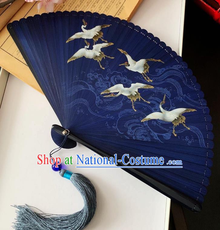 Chinese Handmade Printing Clolud Cranes Accordion Classical Folding Fan Navy Blue Bamboo Fan