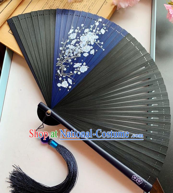 Chinese Handmade Printing Plum Blossom Accordion Classical Folding Fan Black Bamboo Fan