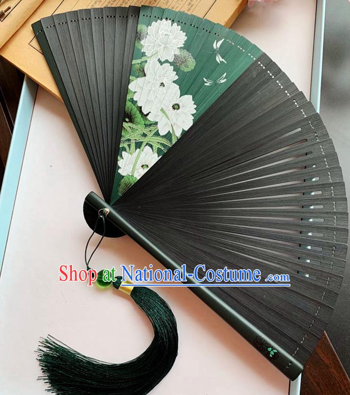 Chinese Classical Folding Fan Black Bamboo Fan Handmade Printing Lotus Dragonfly Accordion