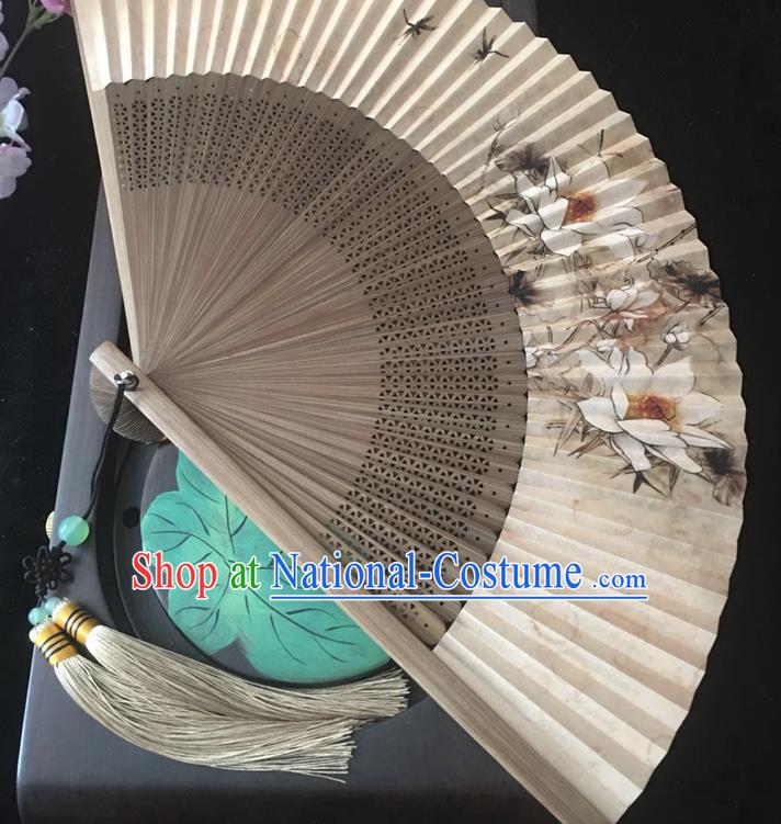 Chinese Handmade Painting Lotus Folding Fan Classical Paper Accordion Brown Bamboo Fan