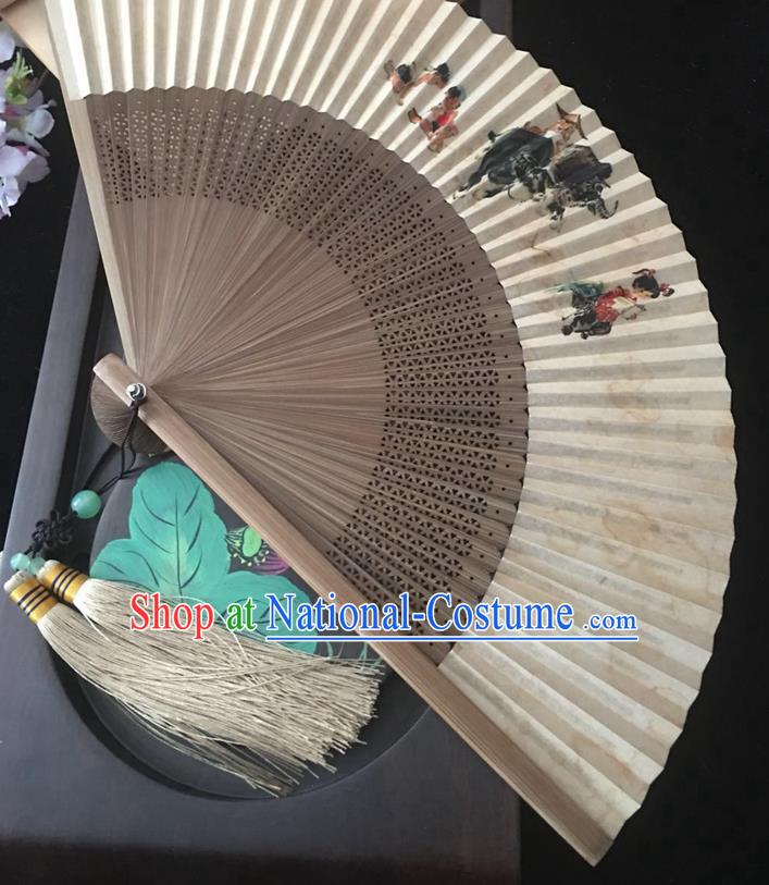 Chinese Brown Bamboo Fan Handmade Painting Shepherd Boy Folding Fan Classical Paper Accordion