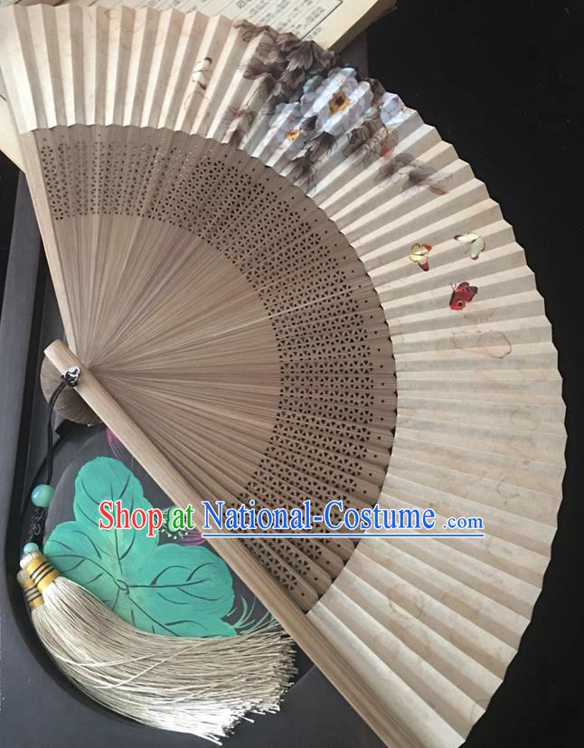 Chinese Classical Paper Accordion Brown Bamboo Fan Handmade Painting Peony Butterfly Folding Fan