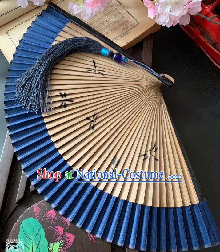 Chinese Handmade Royalblue Folding Fan Classical Silk Accordion Bamboo Fan