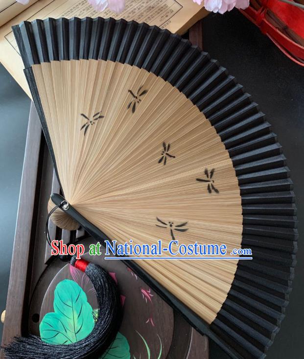 Chinese Handmade Printing Dragonfly Folding Fan Bamboo Fan Classical Black Silk Accordion