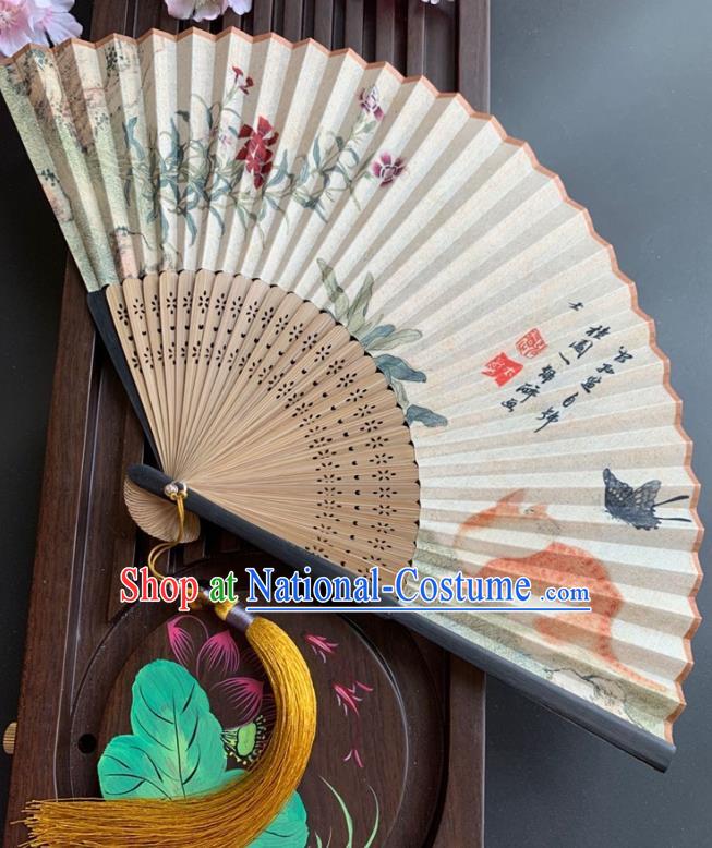 Chinese Classical Silk Accordion Printing Orchids Butterfly Cat Folding Fan Handmade Bamboo Fan