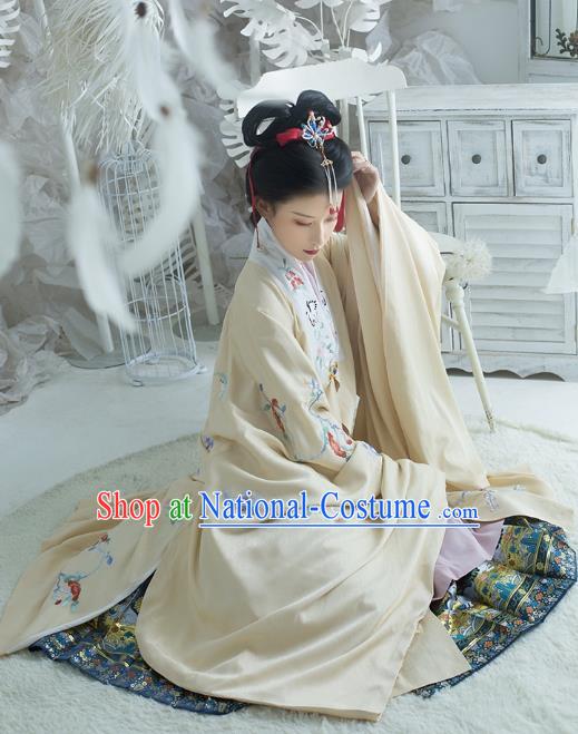 Traditional China Ming Dynasty Noble Lady Historical Clothing Ancient Patrician Beauty Hanfu Apricot Embroidered Cloak