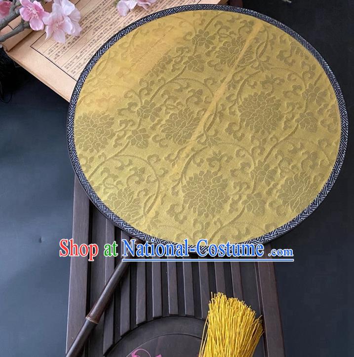 China Classical Hanfu Circular Fan Traditional Song Dynasty Palace Fan Handmade Jacquard Yellow Silk Fan