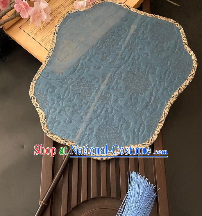 China Handmade Jacquard Peony Blue Silk Fan Traditional Ancient Song Dynasty Palace Fan Classical Hanfu Fan