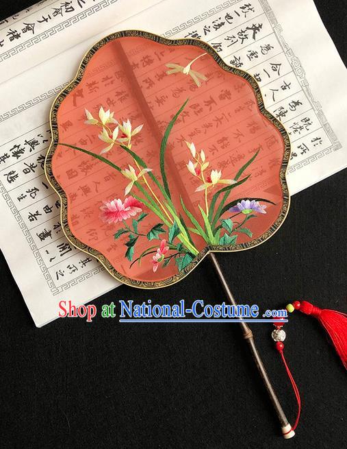 China Handmade Embroidered Orchids Palace Fan Traditional Hanfu Fan Red Silk Fan Classical Dance Fan