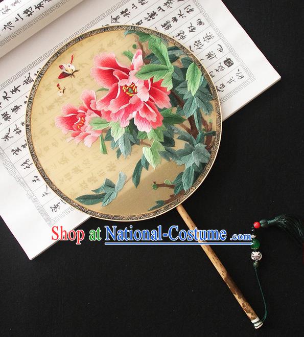 China Classical Dance Circular Fan Handmade Embroidered Peony Palace Fan Traditional Hanfu Fan Beige Silk Fan