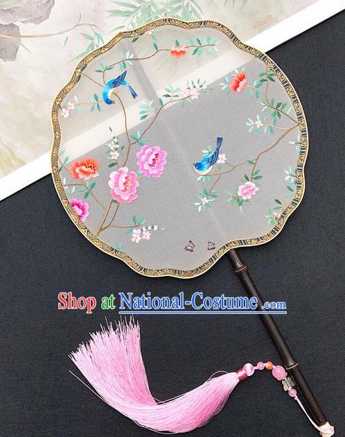 China Traditional Silk Fan Hanfu Fan Classical Dance Fan Handmade Embroidered Peony Birds Palace Fan