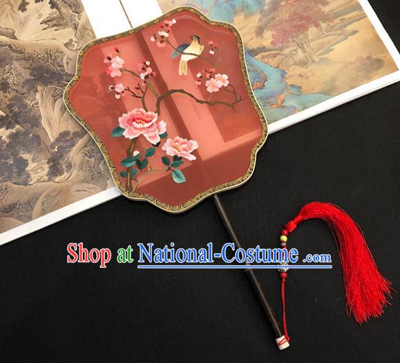 China Handmade Embroidered Peony Palace Fan Hanfu Fan Classical Dance Fan Traditional Red Silk Fan