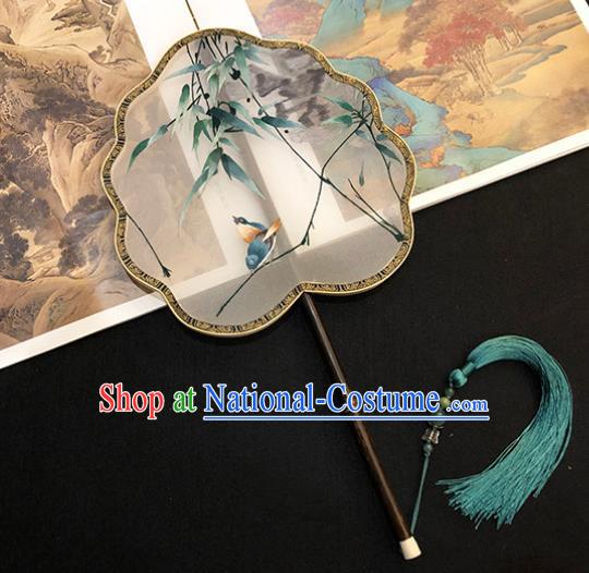 China Handmade Embroidered Bamboo Bird Palace Fan Classical Dance Fan Traditional Silk Fan Hanfu Fan