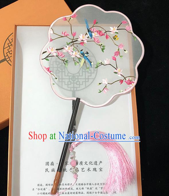 China Classical Dance Fan Traditional Hanfu Fan Silk Fan Handmade Embroidered Flowers Birds Palace Fan