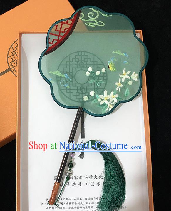 China Handmade Embroidered Butterfly Palace Fan Classical Dance Fan Traditional Hanfu Fan Green Silk Fan