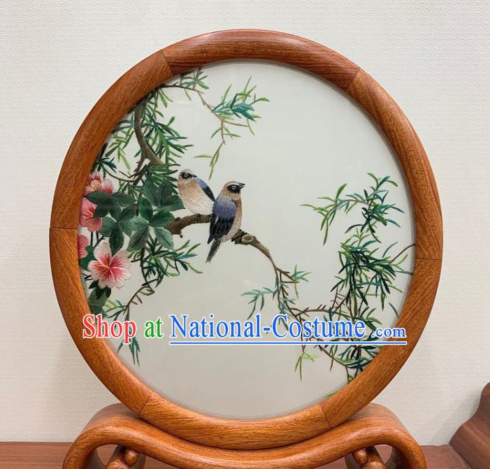 Chinese Traditional Palisander Craft Handmade Suzhou Embroidery Flower Bird Ornament Embroidered Table Screen