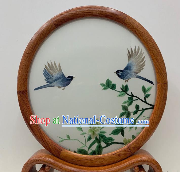 Chinese Traditional Embroidered Table Screen Palisander Craft Handmade Suzhou Embroidery Mangnolia Bird Ornament