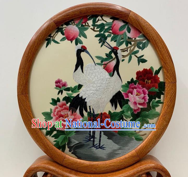 Chinese Traditional Embroidered Table Screen Suzhou Embroidery Cranes Peach Ornament Handmade Palisander Craft