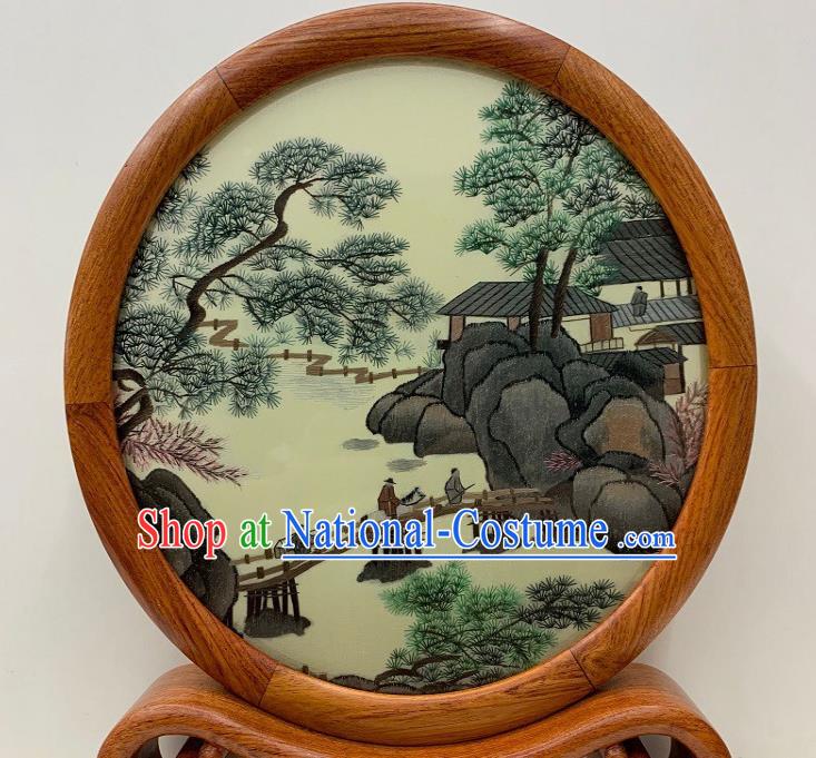 Chinese Handmade Palisander Craft Traditional Embroidered Table Screen Suzhou Embroidery Ornament