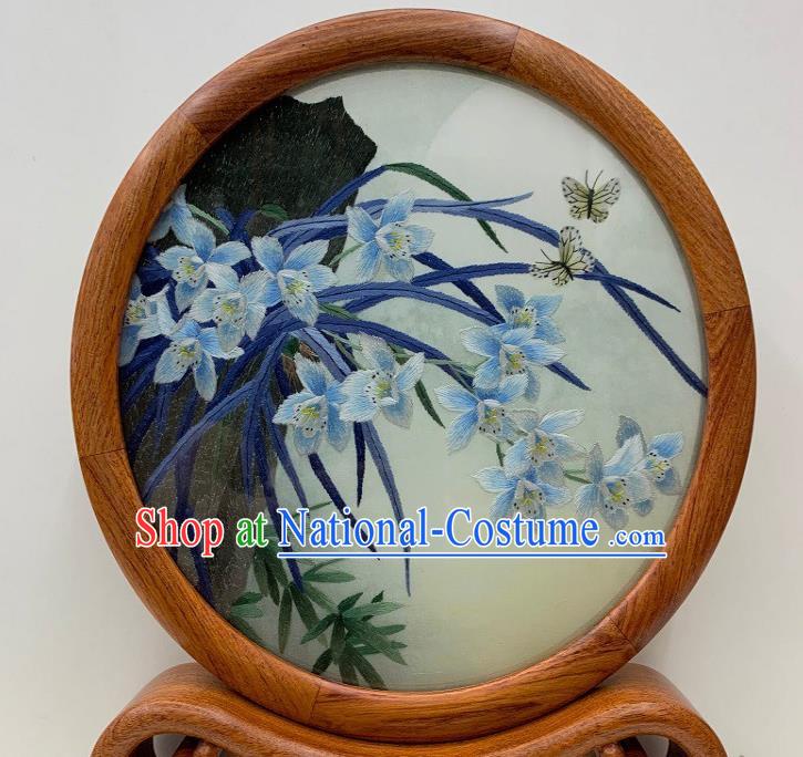 Chinese Embroidered Table Screen Handmade Palisander Craft Traditional Suzhou Embroidery Orchids Ornament