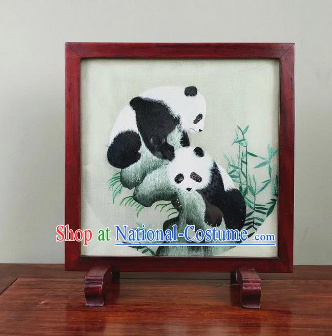 Chinese Handmade Rosewood Ornament Embroidered Panda Table Screen Traditional Embroidery Silk Craft