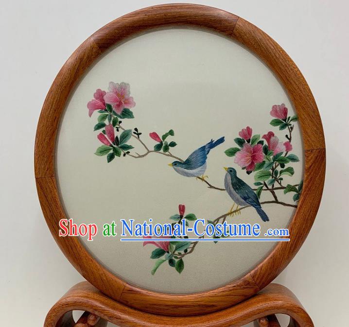 Chinese Suzhou Embroidered Table Screen Handmade Palisander Craft Traditional Embroidery Peach Blossom Desk Ornament