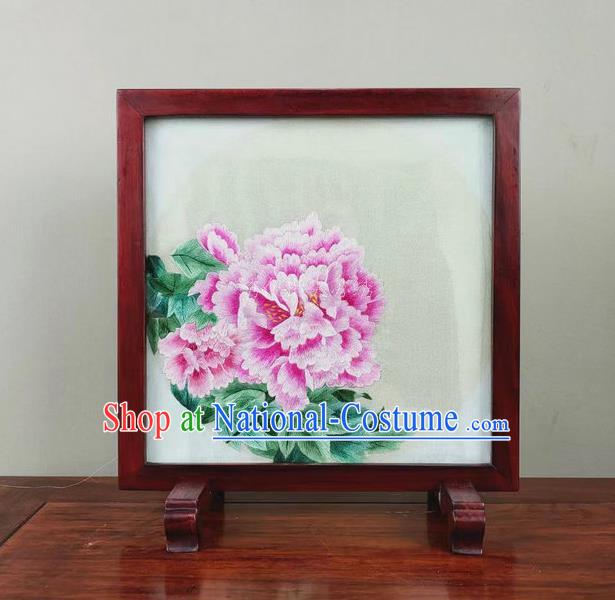 Chinese Suzhou Embroidered Peony Table Screen Traditional Embroidery Silk Craft Handmade Rosewood Ornament