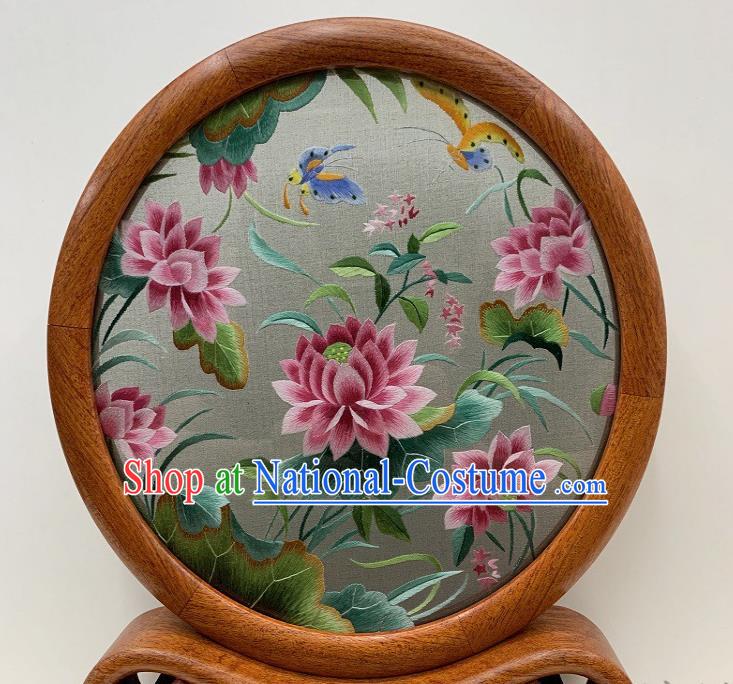 Chinese Traditional Embroidery Lotus Desk Decoration Handmade Palisander Craft Suzhou Embroidered Table Screen