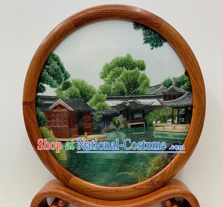 Chinese Embroidered Suzhou Garden Table Screen Handmade Palisander Craft Traditional Embroidery Desk Decoration