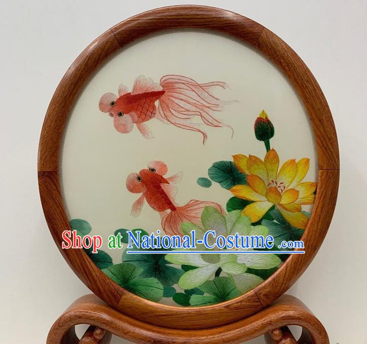 Chinese Embroidered Goldfish Lotus Table Screen Handmade Palisander Craft Traditional Embroidery Double Side Desk Decoration