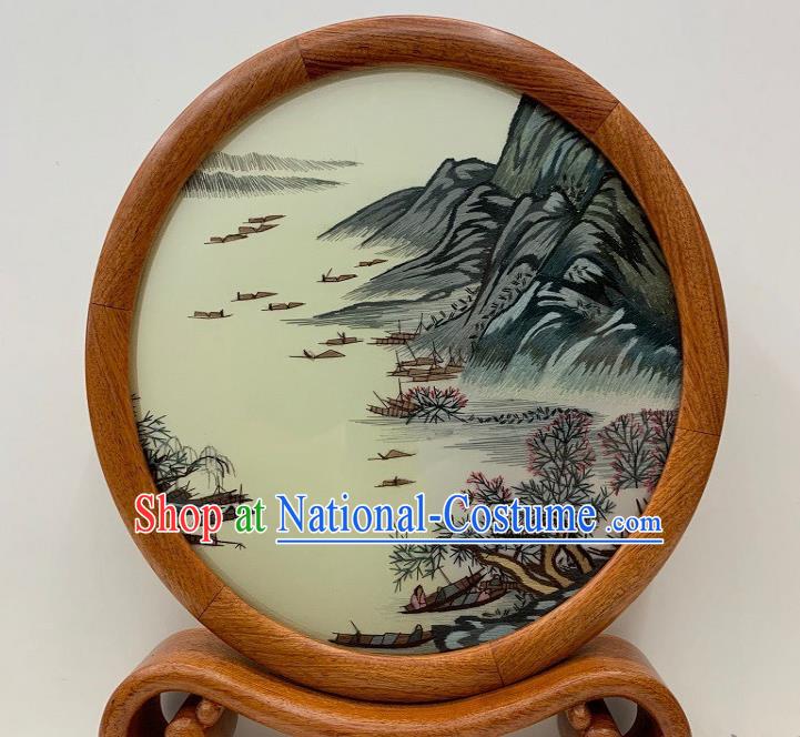 Chinese Handmade Palisander Craft Traditional Embroidery Double Side Desk Decoration Embroidered Landscape Table Screen