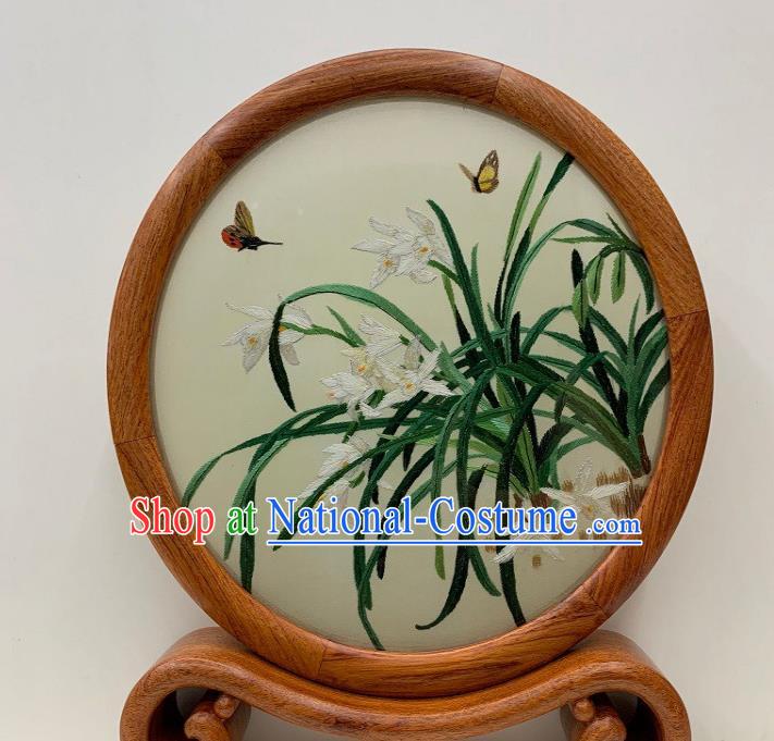 Chinese Traditional Embroidery Double Side Desk Decoration Handmade Palisander Craft Embroidered Orchids Table Screen