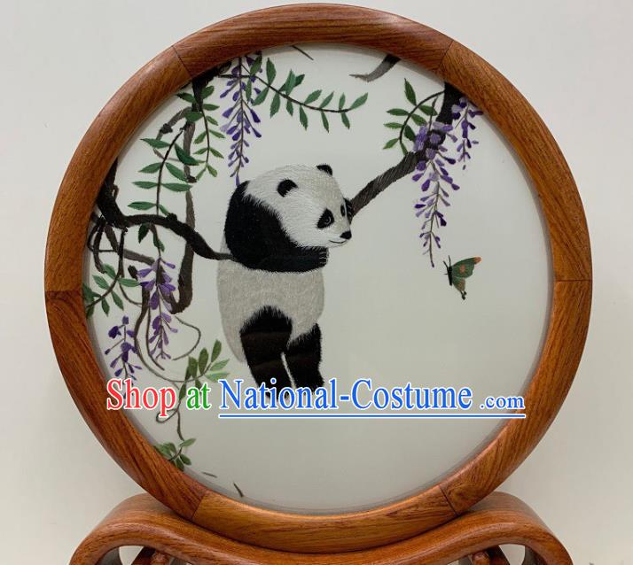 Chinese Handmade Palisander Desk Decoration Traditional Embroidery Double Side Craft Embroidered Wisteria Panda Table Screen